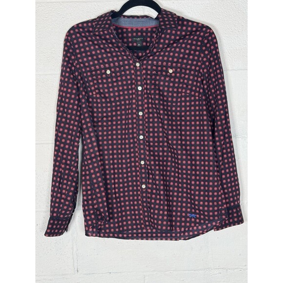 Talbots Petites 10P Button Down Shirt Red Navy Floral Print Cotton Top - Read‎ - - Picture 1 of 8